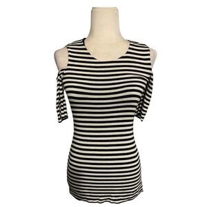 bailey 44 womens black white striped short sleeve cold shoulder top t shirt xs